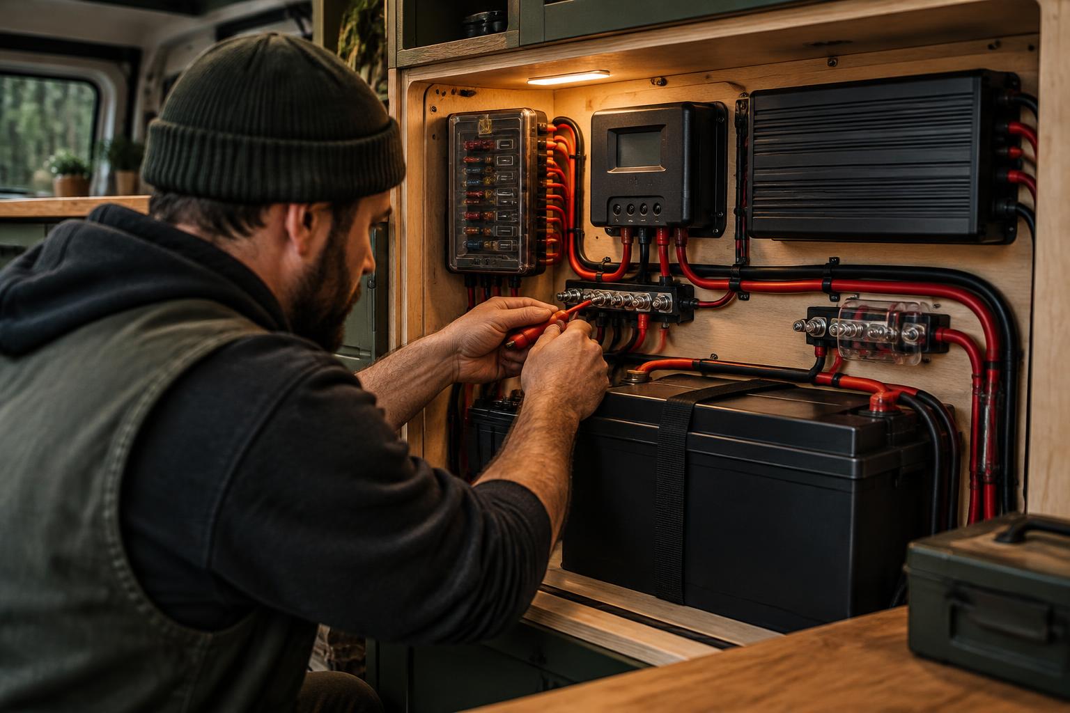 A campervan off-grid electrical system being carefully installed
