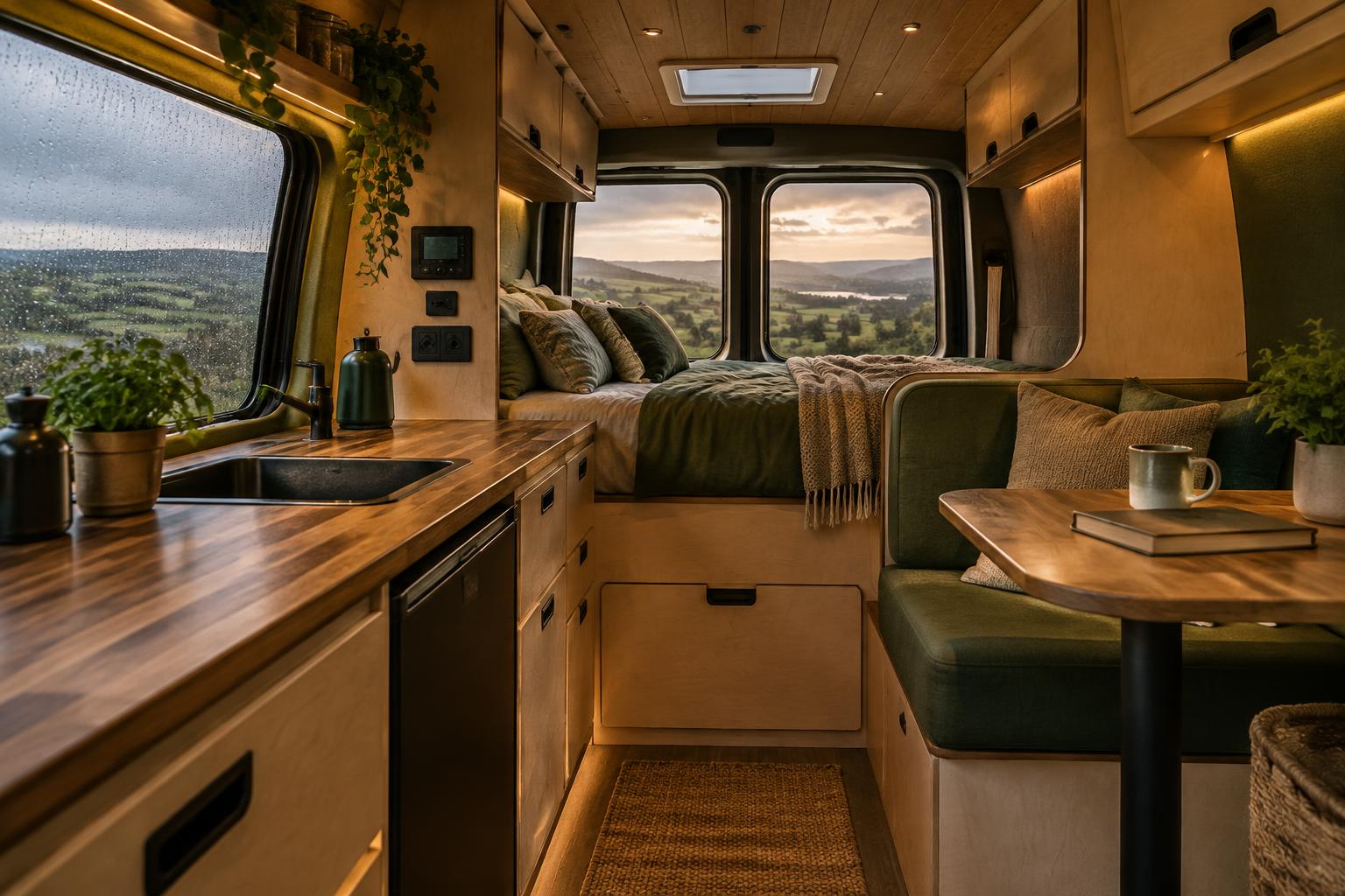 A finished campervan interior ready for off-grid travel